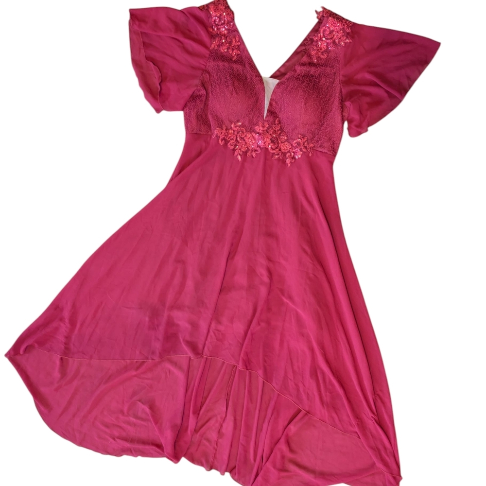 Romantic Red Asymmetrical Dress with Floral Embroidery
